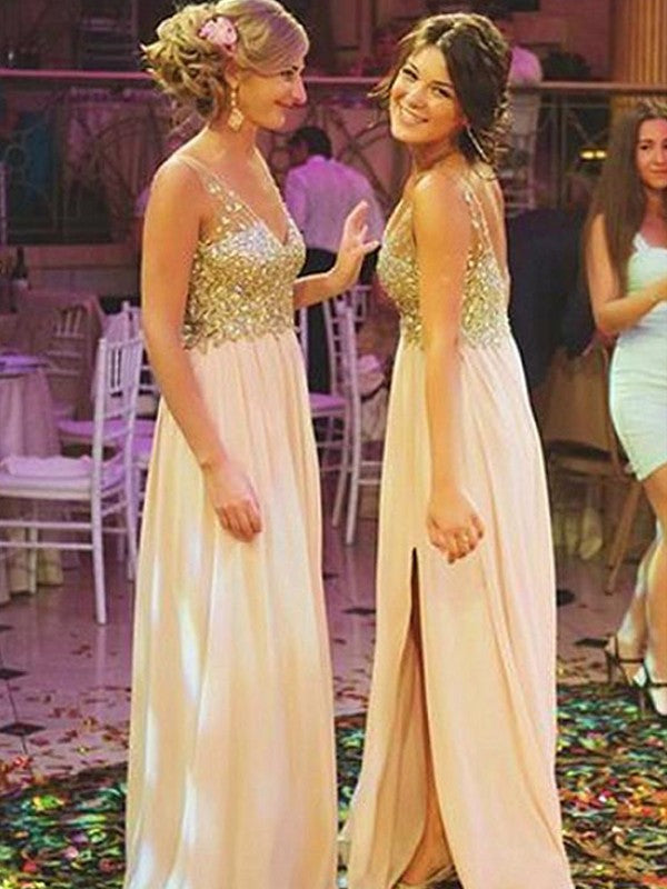 Wholesale A-Line/Princess V-neck Sleeveless Sweep/Brush Train Sequin Chiffon Bridesmaid Dresses